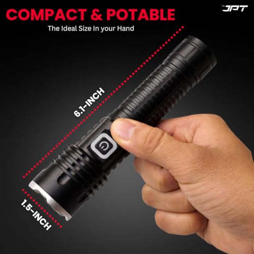 Image of JPT Heavy-Duty K16 Rechargable Portable Super LED Flashlight /Search Light | Full Aluminium Body | 3 Lightning Modes | Telescopic Zoom | 4800mAh Li-ion 4Hrs Backup | for Trekking, Camping, Emergency