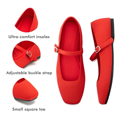 Image of Soesyi Knit Flats for Women Square Toe Flats Casual Ballet Flats with Ankle Strap,Mary Jane Shoes Women Comfortable for Dressy Office