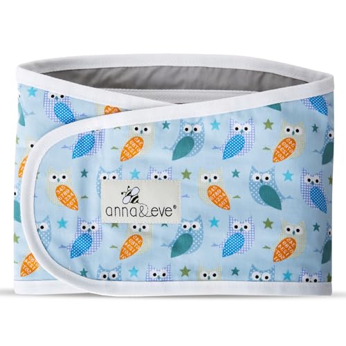 Image of Anna & Eve Baby Swaddle Strap for Newborns and Infants - 100% Cotton, No Overheating - The Original Arms Only - Adjustable Large Size Swaddle, Fits Chest 16 inch to 20.5 inch - Owls Blue /Green | 100% Cotton, Comfortable and Secure, No Overheating, Original Arms Only, Adjustable Size Swaddle, For Mothers, Mothers to be