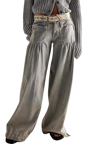 loveimgs Women Ruffle Denim Pants Pleated Wide Leg Jeans Baggy Cargo Harem Pants Mid Rise Sweatpants Tie Bottom - Main Image