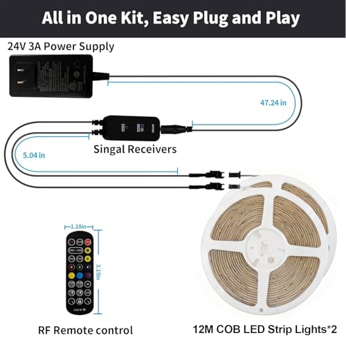 Image of 80FT /24m COB LED Strip Light (2 Rolls of 40ft) Warm White Dimmable 6500K High Lumen CRI 90+ with 24V Power Adapter RF Remote LED Lights for Bedroom Counter Under Cabinet Kitchen Projects | Dimmable High Lumen CRI 90+ with 24V Power Adapter RF Remote LED Lights for Bedroom Counter Under Cabinet Kitchen Projects