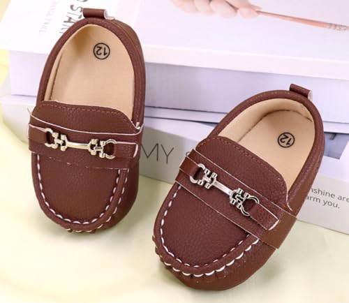 LONSOEN Infant Shoes Boys Loafers Baby Girls Crib Moccasins Classic Synthetic Leather Wedding Dress Shoes,BAY209 Deep Brown 12-18 Months