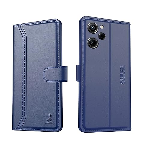 Image of AIBEX Compatible for Poco M6 Pro 5G / Redmi 12 4G / Redmi 12 5G Flip Cover Leather Finish | Inside TPU with Card Pockets | Wallet Stand | Complete Protection Flip Case - Blue