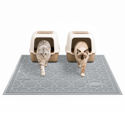 Image of Yimobra Cat Litter Mat, Easy Clean Trapping PVC Mat, 47 inch x 36 inch, Waterproof Backing, Non Slip Bottom, Scatter Control Pad for Litter Box, Grey