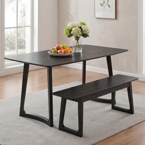 Image of HNY 63 inch Rectangular Wooden Dining Table with 2 Benches, Farmhouse Dining Table Set for 4-6 People, Kitchen Table with Bench, Kitchen Table Set for Dining Room /Restaurant, Black