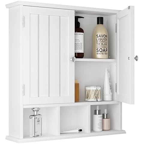 ChooChoo Bathroom Cabinet Wall Mounted 2-Door with 3 Open Shelves, Wooden Medicine Cabinets with Adjustable Shelf, Space Saver Storage Cabinets Over The Toilet for Bathroom&Living Room, White Cover