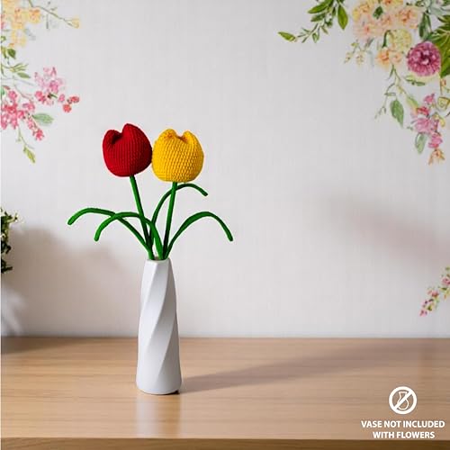 Image of Tulip Crochet Flowers | Handcrafted Artificial Faux Woolen Flower with Long Stem | Natural Looking Knitted Flower for Home, Living Room, Vase & Bouquet Decoration & Gifting | Red & Yellow