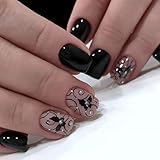 CEWEWP Black Short Press On Nails, 24Pcs Short Square Fake Nails with Black Vines and Dark Butterfly Designs False Nails with Designs Full Cover Acrylic Nails Stick Glue On Nails for Women Girls