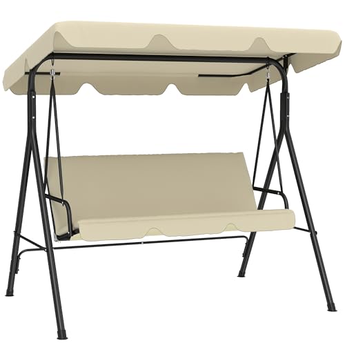 Outsunny Balanço de jardim exterior de 3 lugares, balanço de jardim exterior com teto ajustável, almofada e moldura de aço, para varanda, terraço, pátio, carga 240 kg, 172 x 118 x 153 cm, bege