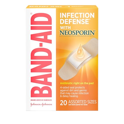 Band-Aid Brand Adhesive Bandages Infection Defense with Neosporin Antibiotic Ointment Pack of Assorted Sizes for Wound Care and First Aid 20 ct