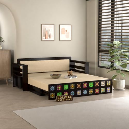 Image of Solid Sheesham Wood Sofa Cums Bed with Mattress & Storage | Rosewood Convertible Sofa Bed for Living Room & Bedroom (Tile-Walnut Finish, 3 Seater)