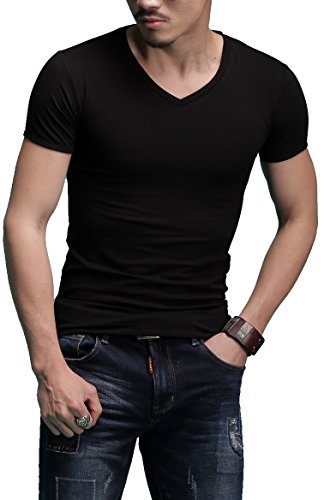 Men's Tagless Slim Fit Top Muscle Cotton V-Neck Short Sleeve Undershirts T-Shirts, M, Black