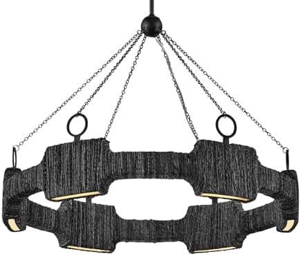 Hinkley Raffi Medium Integrated LED Single Tier Chandelier, Bohemian, Lisa McDennon, Hand-Wrapped Natural Rattan, Carbon Black Finish