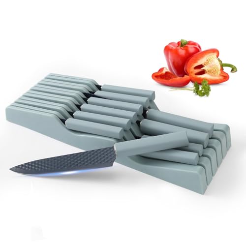 Stainless Steel Knife Block Set, 12 Pieces Kitchen Knife Set with in-Drawer Knife Block, Ultra Sharp Non-Stick Coating Chef Knives Set with 6PCS Steak Knives, Drawer Knife Organizer (Blue)