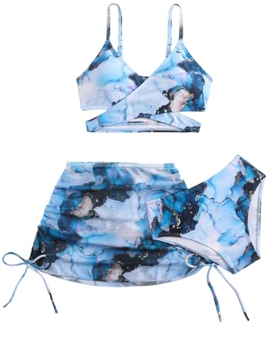Image of KORADI Girls Swimsuit 3 Pieces V-Neck Bikini Set Printed Cross Front Bathing Suit Drawstring Cover Up Skirt 8-12 Years