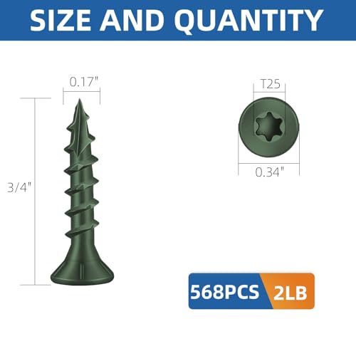 Image of #8 x 3 /4 inch Heavy-Duty Deck Screws - Green Outdoor Wood Screws, Torx Drive with T25 Bit, Rust Resistant for Wood Decking and Fence (2lb,568Pcs)