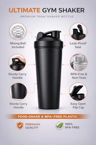Image of Premium 750ml Gym Shaker Bottle - BPA-Free Food Grade Plastic, Leak Proof Flip Cap, Mixing Ball Included, Durable Matte Black Protein Shaker for Gym & Fitness