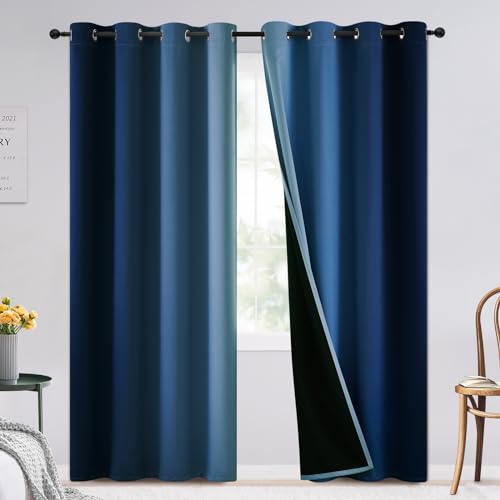 Image of SimpleHome 100% Blackout Ombre Bedroom Curtains Blue and Greyish White,84L | Room Darkening Curtains,Thermal Insulated Grommet Window Drapes and Curtains for Living Room,2 Panels, 52x84 inches Length