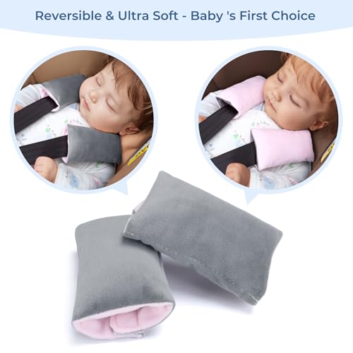 Image of COOLBEBE Car Seat Straps Shoulder Pads for Baby Kids, Super Soft Seat Belt Covers for All Car Seats /Pushchair /Stroller /High Chair(Grey /Pink)