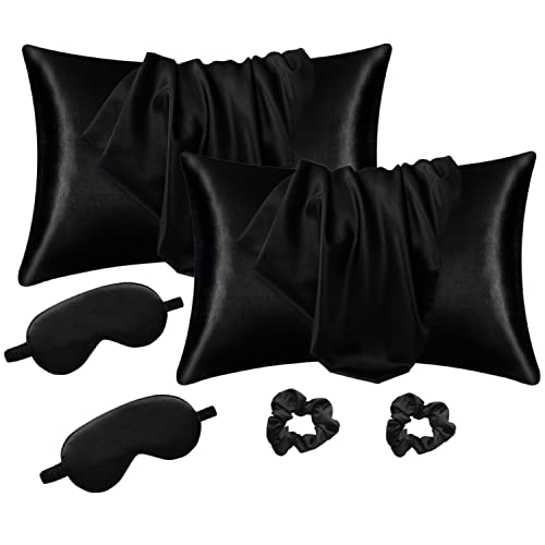 Crazy Bean Juego de 2 Fundas de Almohada Satén 75x50cm Funda de Cojín para Cama Suave Genial Protege Cabello y Piel Juego de Tapa Ojo y Anillos Pelo Cierre de sobre(Negro)