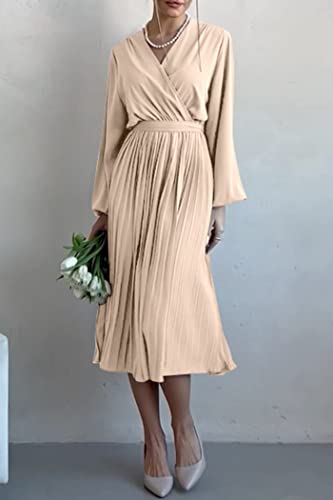 Prettygarden Women's Fall Midi Dress Long Puff Sleeve Wrap V Neck Flowy Ruffle Pleated Casual Dresses (Apricot,Large) #TOP2