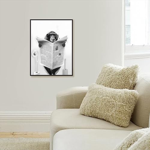 Cute Newspaper Animal Wall Art Black and White Canvas Printed Cabin Bathroom Decoration Bath Wall Picture Frameless Monkey 1 Piece 60 x 90 cm - Image 3