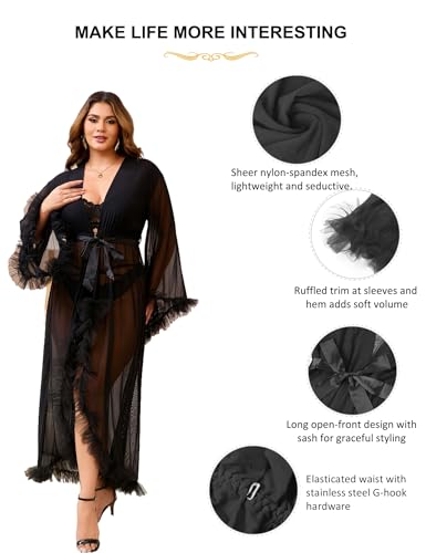 comeondear Sheer Tulle Robe for Women Long Lace Bridal Robe Plus Size Fancy Bridal Wedding Nightgown with Belt3