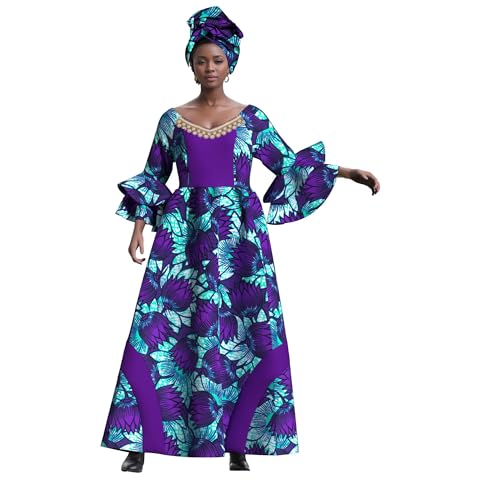 Image of iooiooi Womens African Print Party Maxi Dress Tradition Dashiki Ankara Long Dress & Headwrap