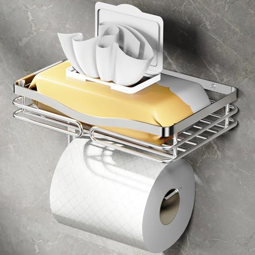 YIGII Toilet Paper Holder with Shelf Adhesive or Drilling Toilet Paper Roll Holder for Bathroom Rustproof Tissue Roll Holder Wall Mounted for Wipe Storage (Silver)