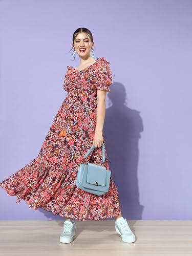 Image of Miss Chase Women's Multicolored-Base-Brown Relaxed Fit Maxi Lurex Chiffon Dress