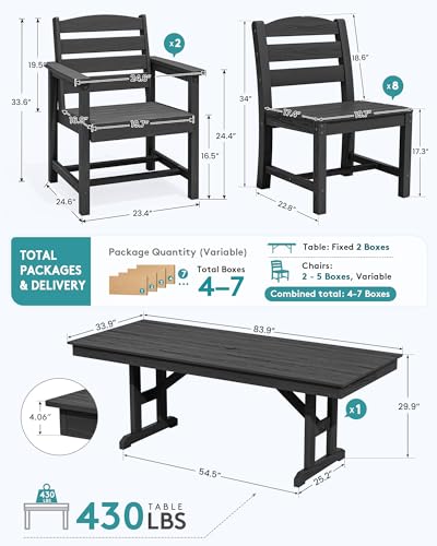 Image of SERWALL 9 Piece 84 inch HDPE Outdoor Dining Set with 6 Armless Chairs, 2 Armchairs and Umbrella Hole for 8, Black