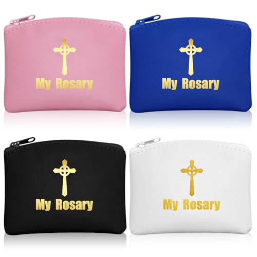 Image of Dansydaisy 4 Pcs Rosary Pouch Catholic with Gold Cross PU Leather Rosary Case for Women and Men Coin Purses Holder Zipper Bag for Travel Christmas, 4 Colors(Classic Colors,Celtic Cross)