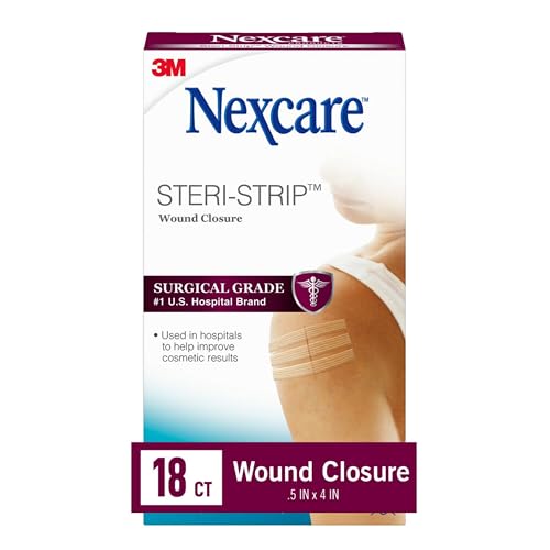 3M Steri-Strip Reinforced Adhesive Skin Closures, Sterile Wound Closure Strips, 1/2 in x 4 in (12 mm x 100 mm), Breathable, Latex-Free, 18 Count (1 Pack)