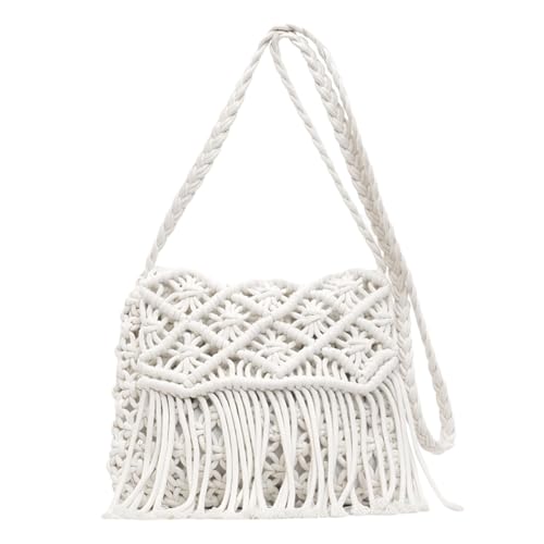 Boho Crossbody Bag for Women, Crochet Bohemian Purse Small Crossbody Bags for Women, Cute Summer Beach Woven Purse with Tassels White Hippie Style