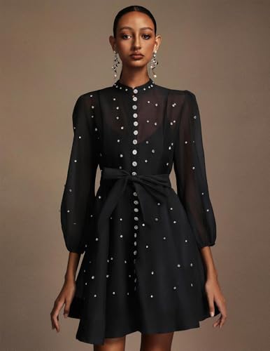 Elegant Black Rainstone Round Neck Long Sleeve Tie Waist Casual Dress2