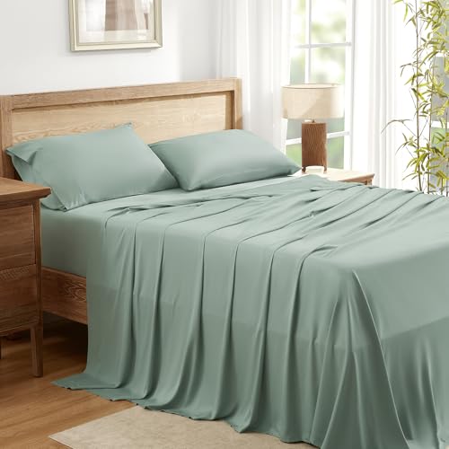 Image of Andency Sage Green King Sheets Set 100% Viscose Derived from Bamboo | Cooling Summer Sheets, Deep Pocket Up to 16 inch, Silky Soft Hotel Luxury Breathable Bedding Sheets & Pillowcases