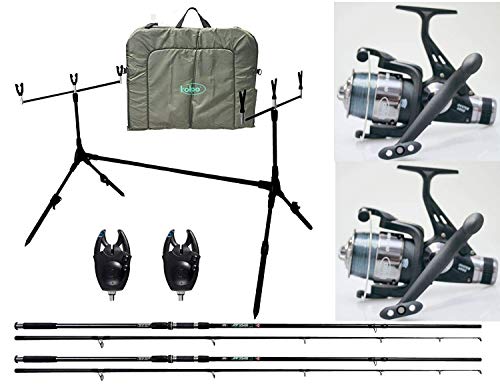 kolpo Kit Combo Carpfishing 2 Canne 2 Mulinelli Camo 2 Segnalatori 1 Pod Pesca Carpa 1 materassino slamatura