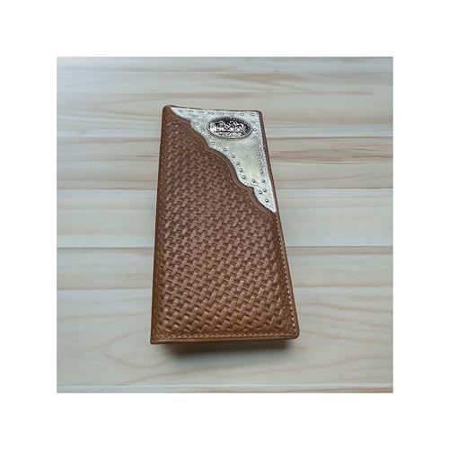 Men’s Long Leather Wallet – Hair-On Cowhide with Cowboy Praying Concho and Basketweave Tooled Design – Rodeo Bifold Checkbook Wallet for Christian Cowboys & Ranchers2