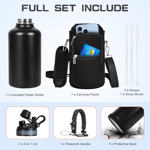 Image of GAZLEMHO Insulated Water Bottle 64 oz, Half Gallon Water Jug Cold 48H, BPA Free Stainless Steel Bottles with Straw /Chug 2-in-1 Lid, Bag, Paracord Handle, Silicone Boot, Sports Gym School Metal Flask
