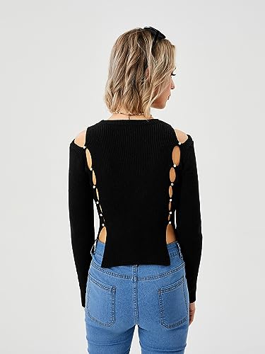 Image of Scacto Women's Cut Out Cropped Sweater Ribbed Knit Pullover Sweater Crop Tops Black