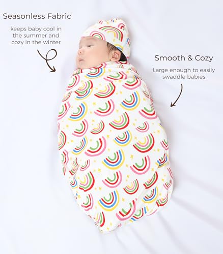 Image of Newborn Swaddle Blanket with Hat Set,Unisex Baby Receiving Blanket Nursery Wrap for Girls and Boys, Viscose Made from Bamboo Rainbow One Size