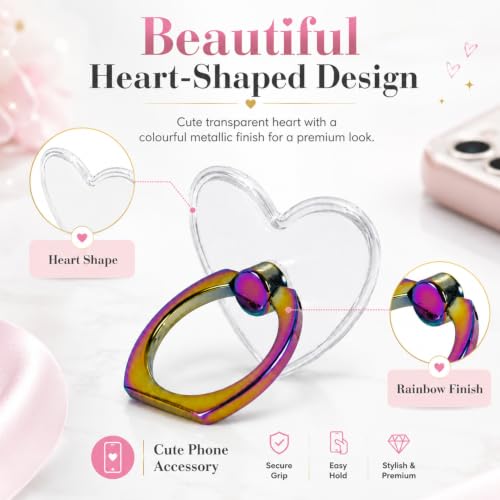 Image of KolorFish Transparent Mobile Phone Ring Stand Holder | Phone Ring Holder Finger Grip 360 Degree Rotation (Rainbow Heart)