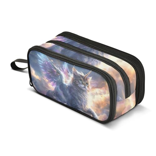 Image of Unicorn Cat with Wings Pencil Case Box Boys Girls Large Pencil Pouch Zipper Compartments Big Capacity Stationery Pen Bag Organizer for Kids Teens Adults School Office