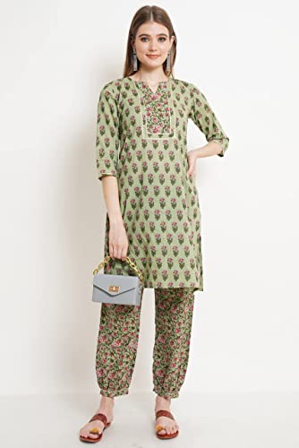 Image of COTLAND Fashions Jaipuri Cotton Straight Kurta and Afghani Salwar (Set) for Women (Lush Lace)