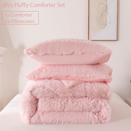Image of Pink Fluffy Comforter Sets Full Size 3 Pieces Faux Fur Fluffy Bedding Set for Girls Warm Velvet Plush Fuzzy Bed Set for Kids Teens(Blush Pink, Full)