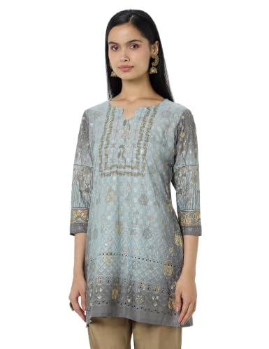 Image of Soch Womens Powder Blue Cotton Blend Floral Embroidered Tunic with Schiffli