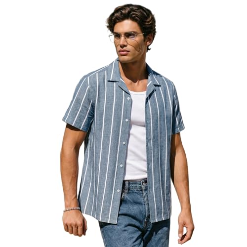 Image of Urbano Fashion Men's Cotton Half Sleeve Relaxed Fit Linen Striped Shirt with Cuban Collar