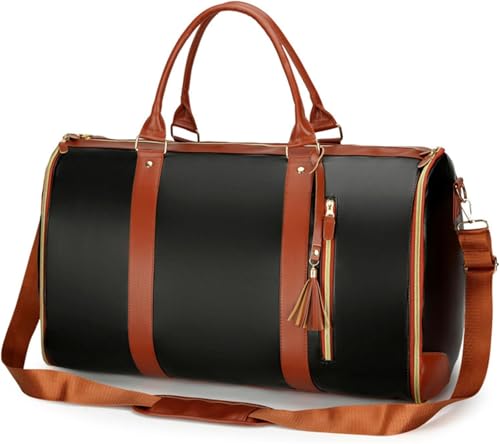Trendfetchus Foldable Travel Bag 2.0, Convertible 2-in-1PU Leather Duffel with Trolley Wheels, Shoe Pouch, Waterproof Large Capacity Luggage for Airplane (Black and Brown)