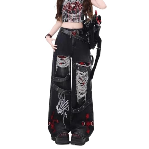 Y2K Retro Distressed Black Distressed Washed Denim Pants for Women high Waisted Loose Wide Leg Pants