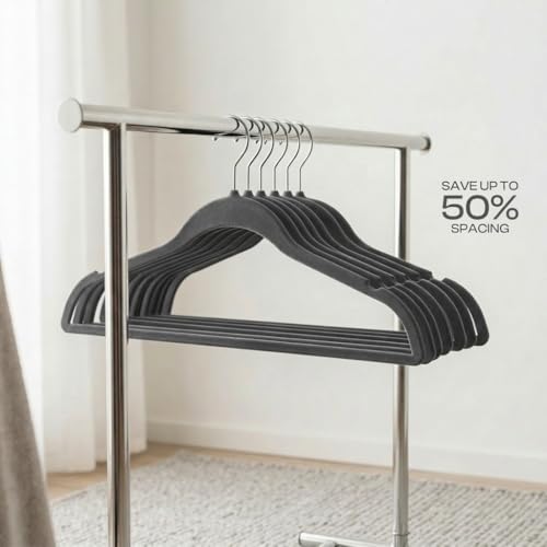 Image of Ginoya brothers Velvet Hangers,Non Slip Notched with Rose Gold Hook Coat /Suit Hangers,Space Saving 360 Degree Swivel Hook Clothes Hangers Wardrobe Hanger. (Grey, 50)